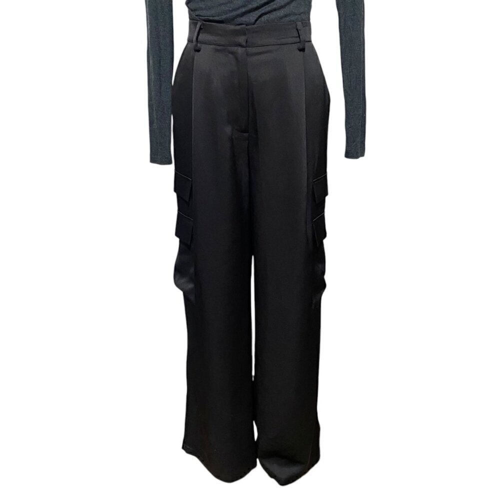 Shoe Dazzle Black Satin Wide Leg Baggy Cargo Pant Size Small